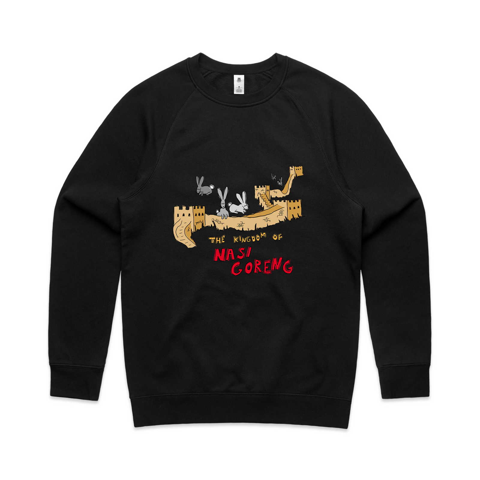 Black regular jumper with Nasi Goreng Jumper graphic by Lonely Kids Club