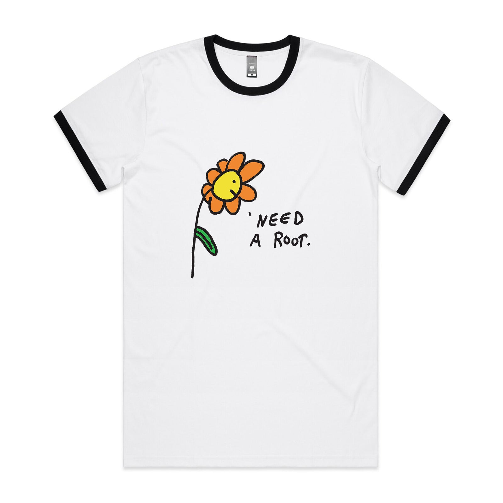 Black/White Ringer unisex t-shirt with Need A Root graphic by Lonely Kids Club