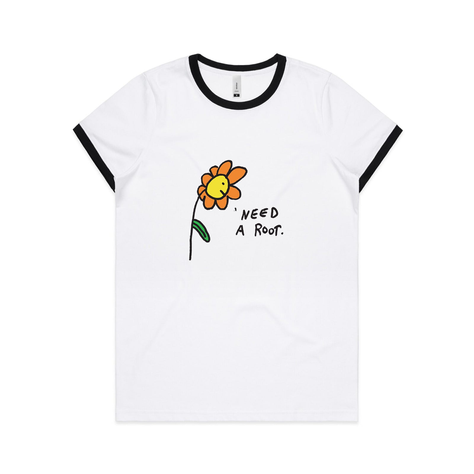 Black/White Ringer fitted womens t-shirt with Need A Root graphic by Lonely Kids Club