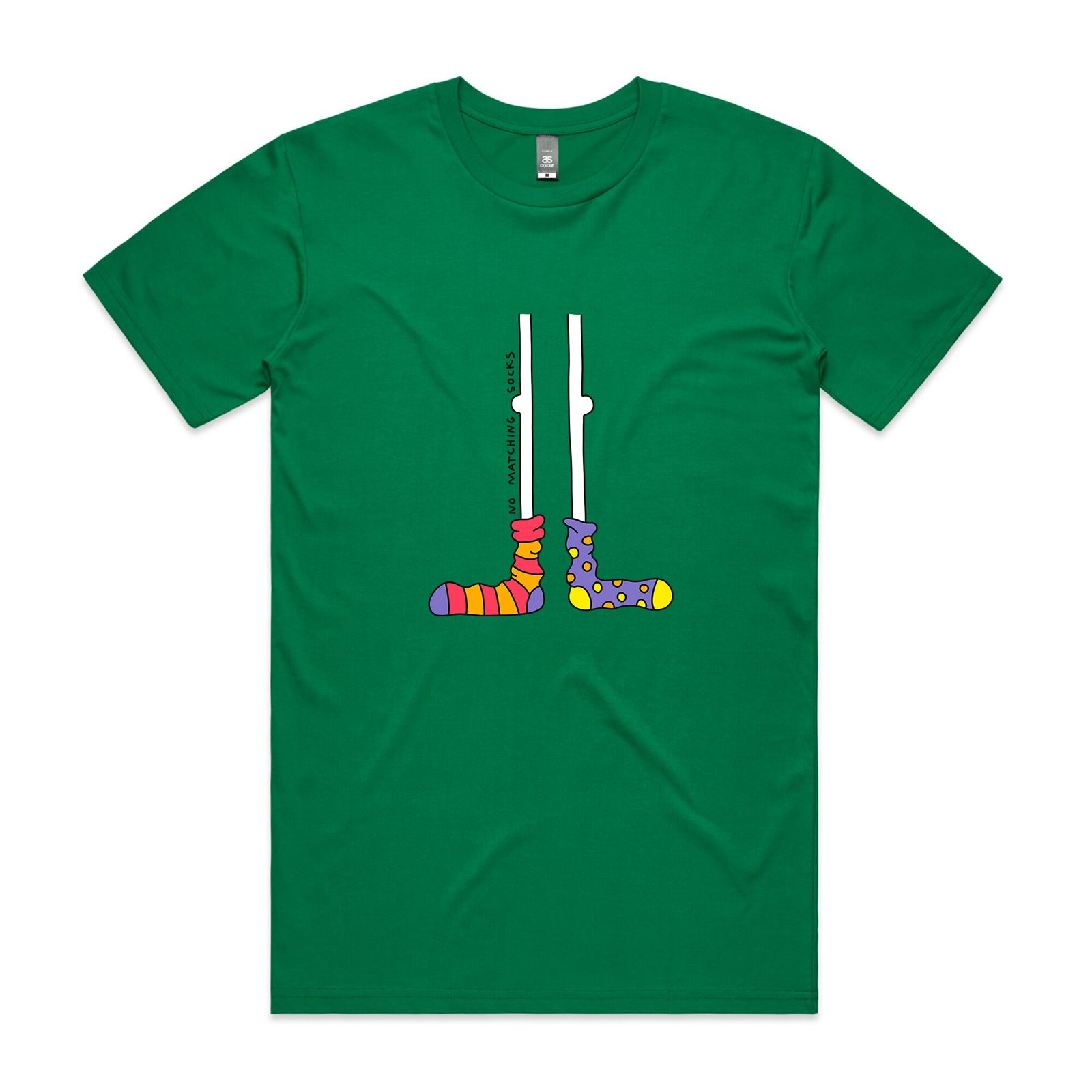Green unisex t-shirt with No Matching Socks graphic by Lonely Kids Club