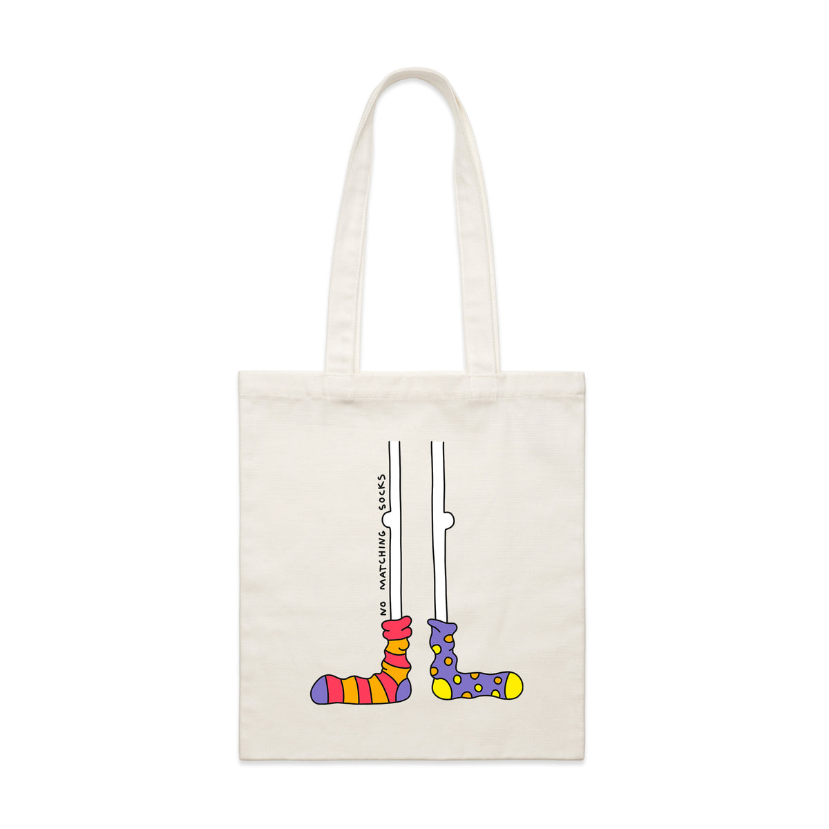 Cream parcel tote with No Matching Socks Tote graphic by Lonely Kids Club