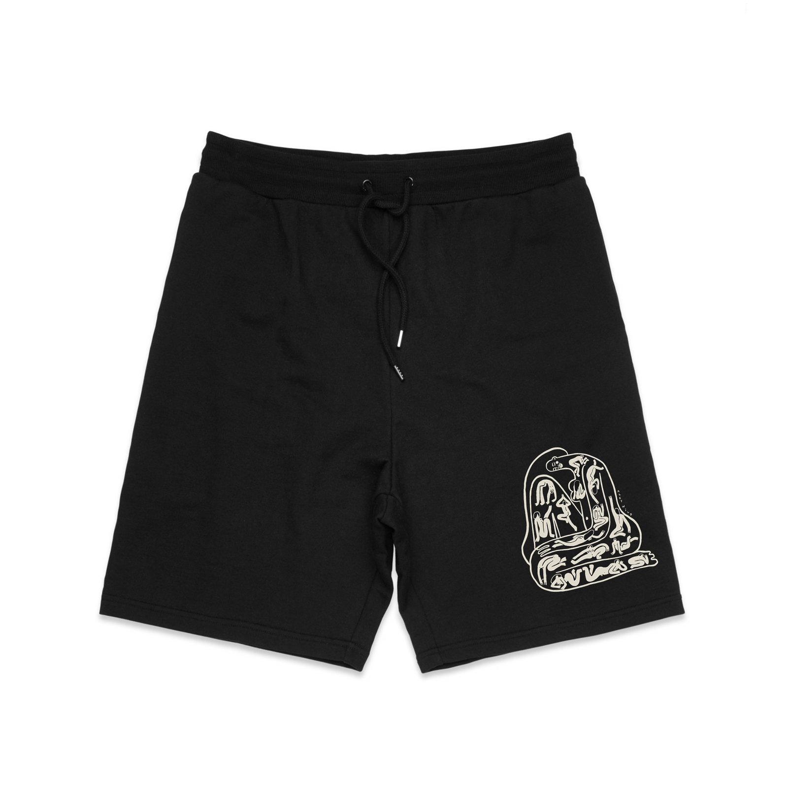 Black regular heavy shorts with Nudes On Nudes Shorts graphic by Lonely Kids Club