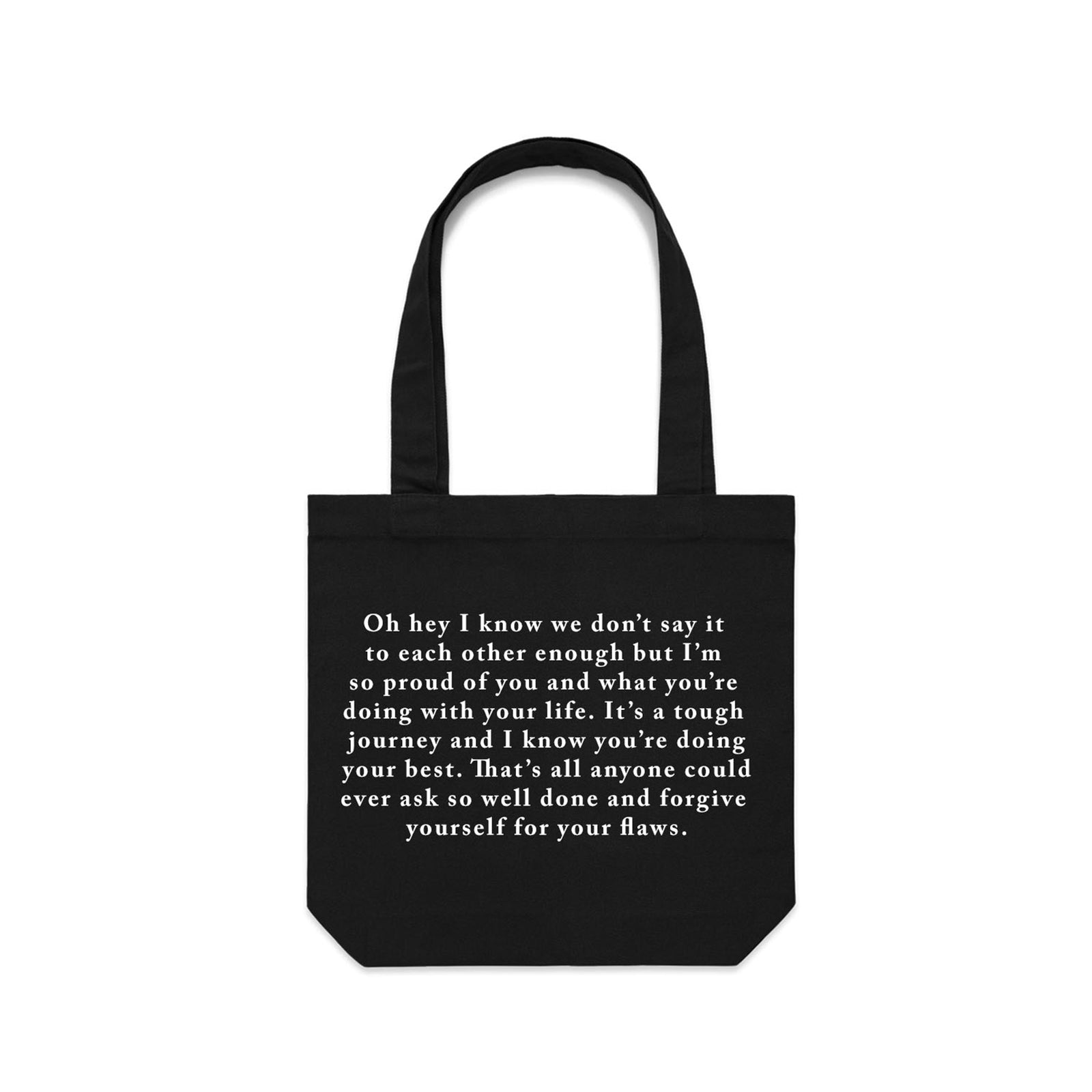 Black carrie tote with Oh Hey Tote graphic by Lonely Kids Club
