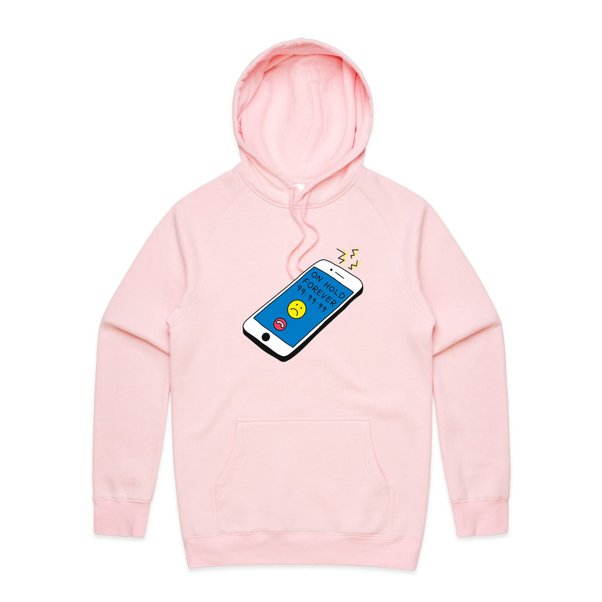 Pink regular hoodie with On Hold Forever Hoodie graphic by Lonely Kids Club