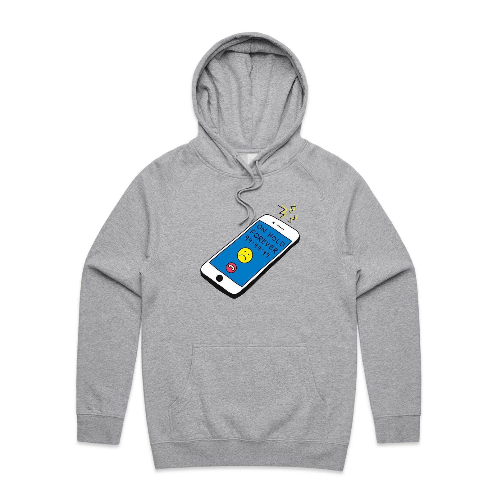 Grey Marle regular hoodie with On Hold Forever Hoodie graphic by Lonely Kids Club