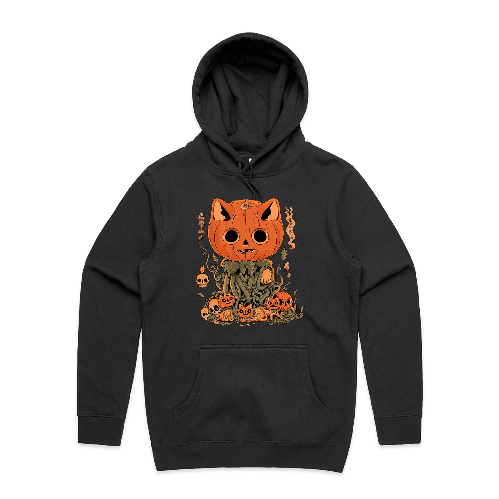 Black regular hoodie with Great Pumpkin Cat Hoodie graphic by Lonely Kids Club