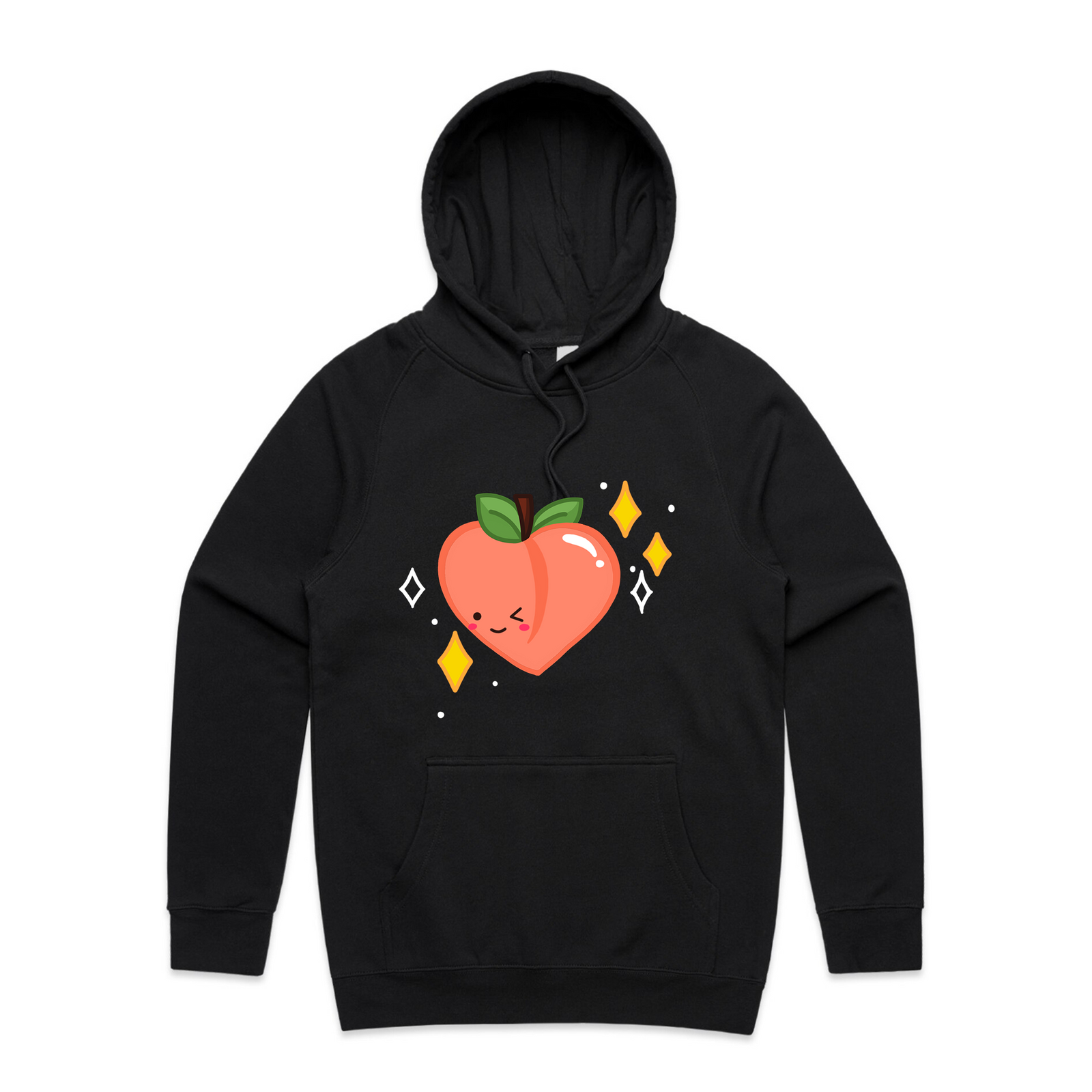 Black regular hoodie with Peachy Hoodie graphic by Lonely Kids Club