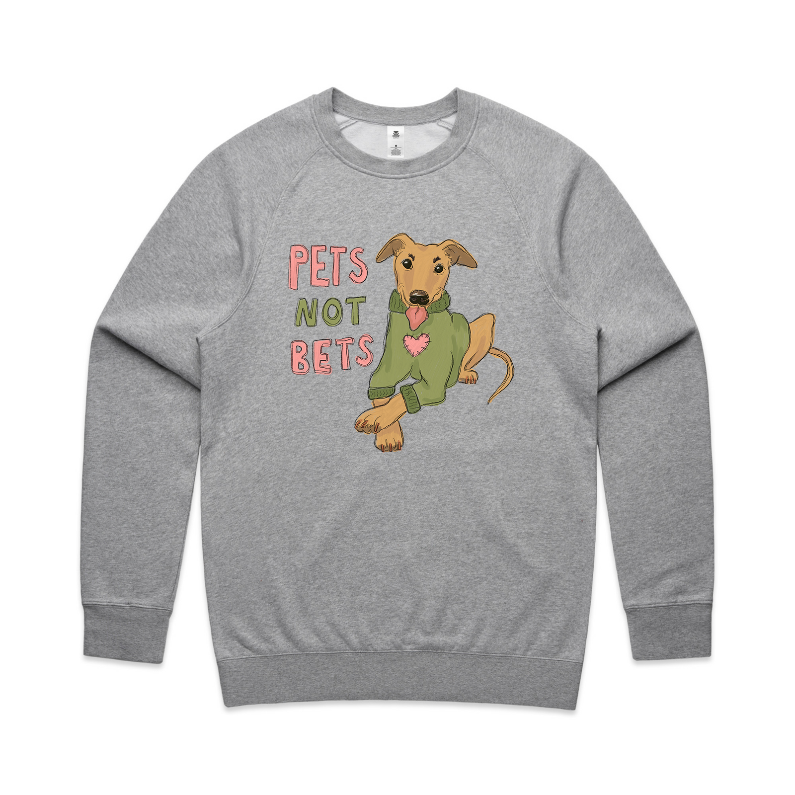 Grey Marle regular jumper with Pets Not Bets Jumper graphic by Lonely Kids Club