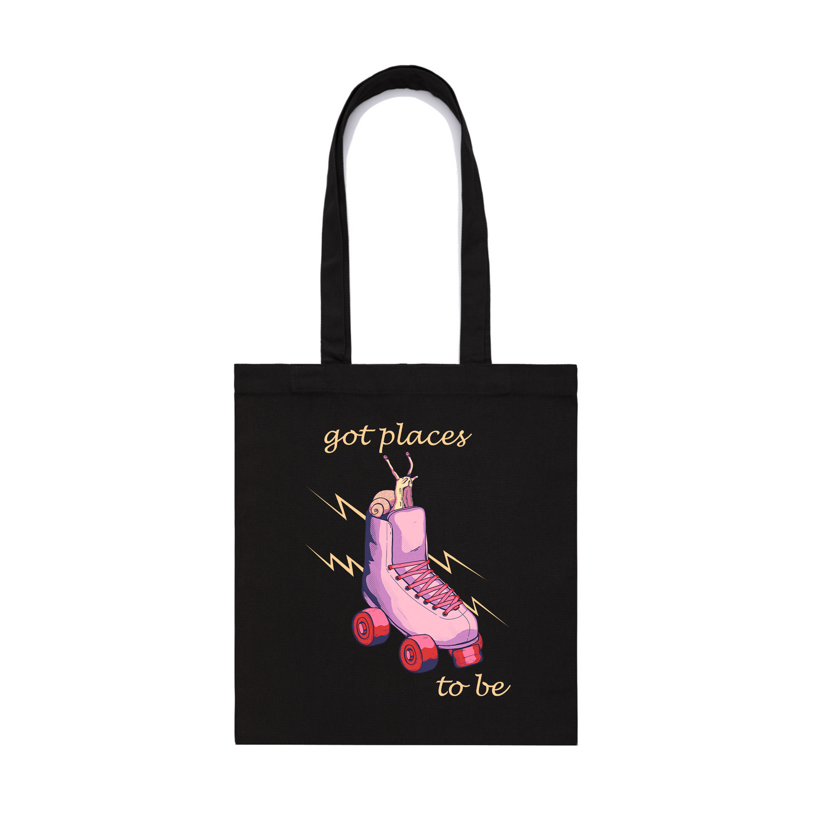Black parcel tote with Places To Be Tote graphic by Lonely Kids Club