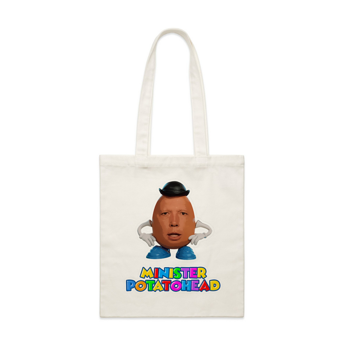Cream parcel tote with Minister Potatohead Tote graphic by Lonely Kids Club