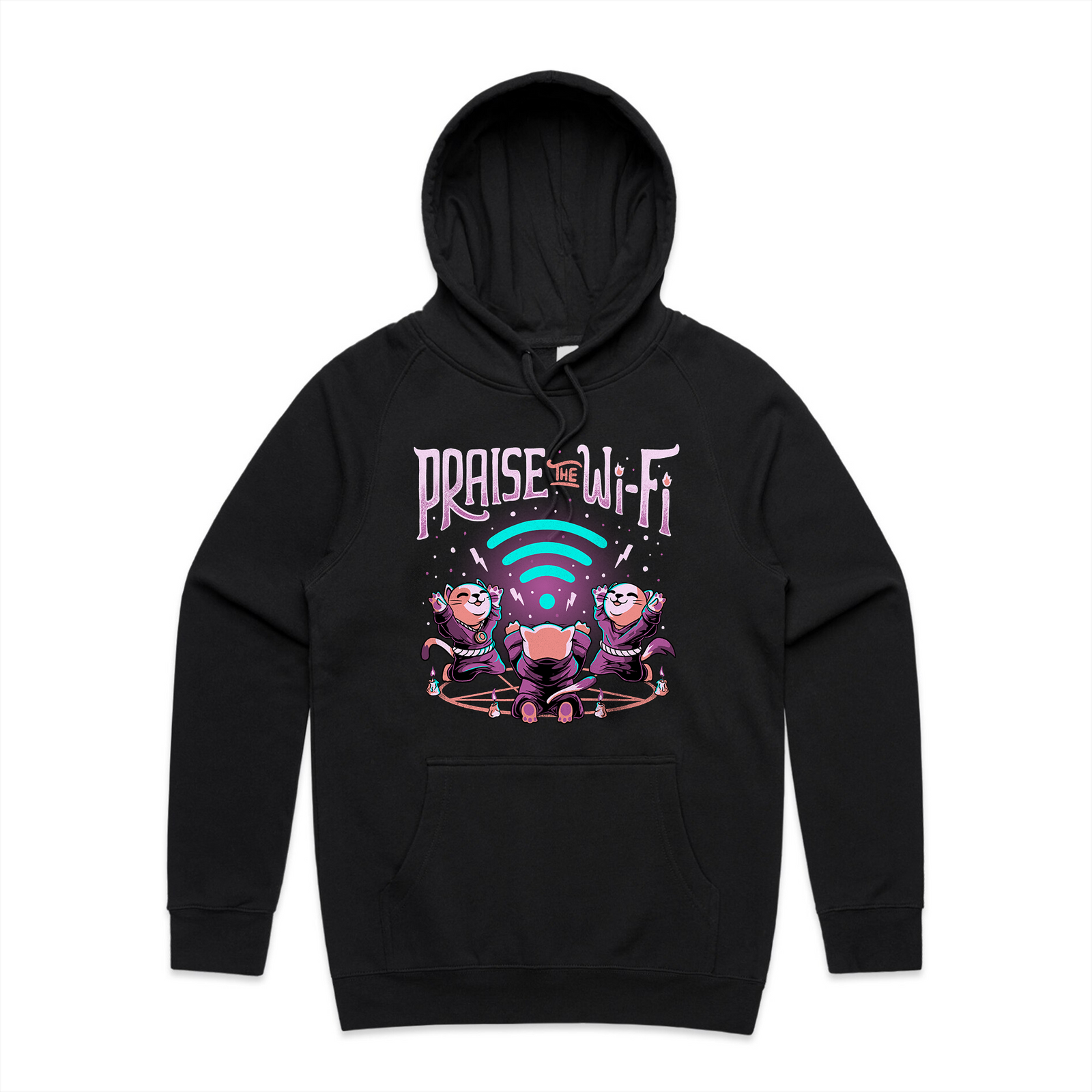 Black regular hoodie with Praise The Wi-Fi Hoodie graphic by Lonely Kids Club