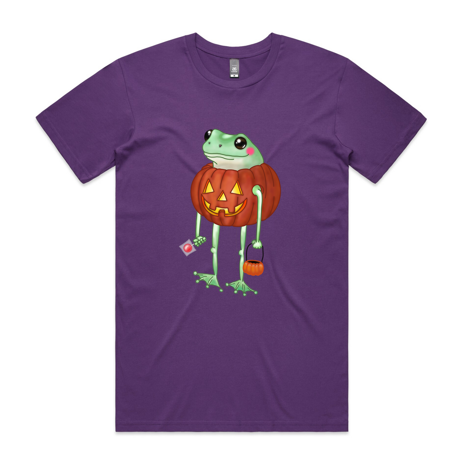 Purple unisex t-shirt with Pumpkin Froggy graphic by Lonely Kids Club