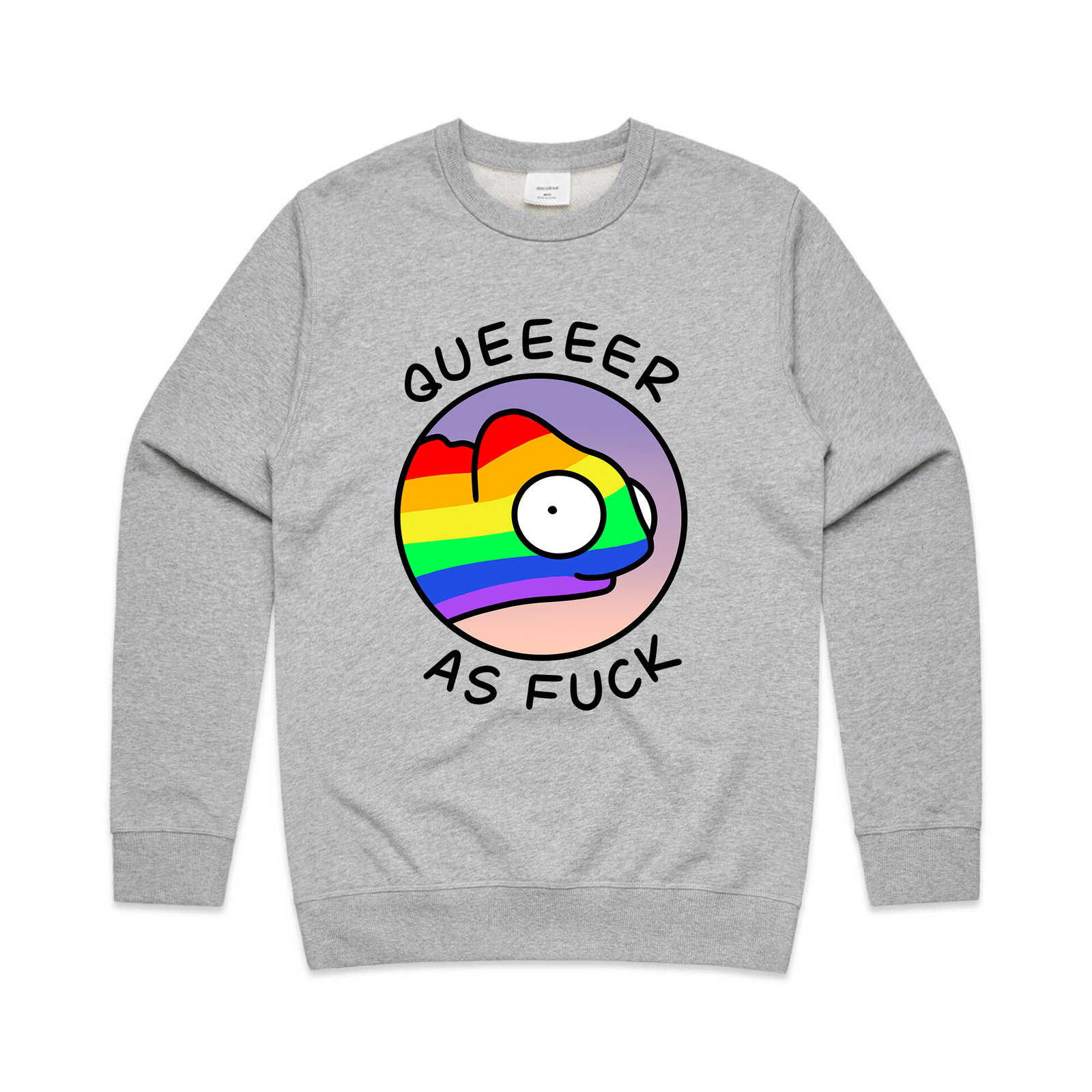 Grey Marle regular jumper with Queer AF Jumper graphic by Lonely Kids Club