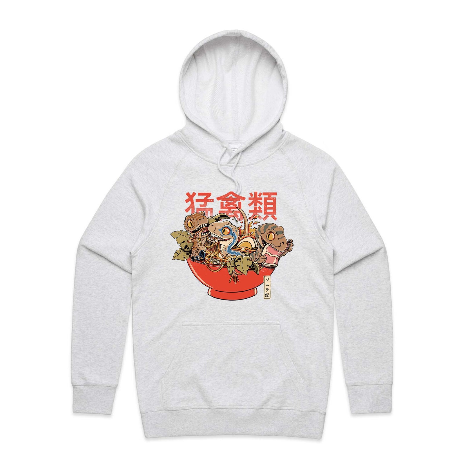 White Marle regular hoodie with Ramen Raptors Hoodie graphic by Lonely Kids Club