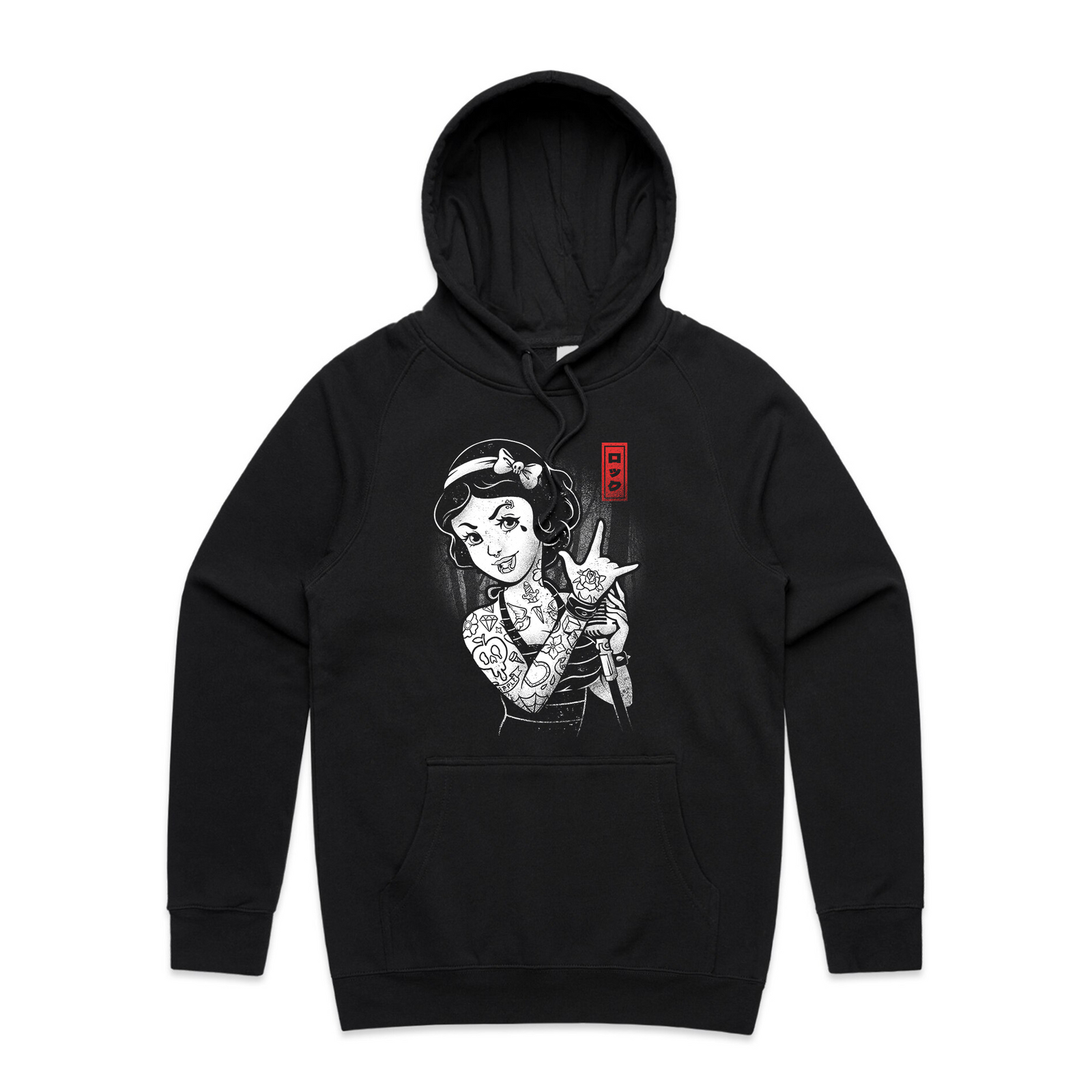 Black regular hoodie with Rock And Snow Hoodie graphic by Lonely Kids Club