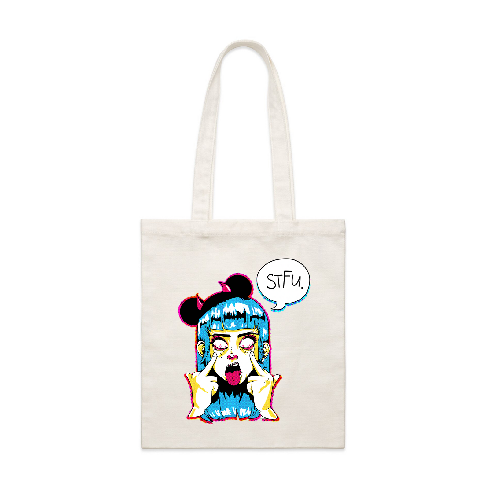 Cream parcel tote with STFU Tote graphic by Lonely Kids Club