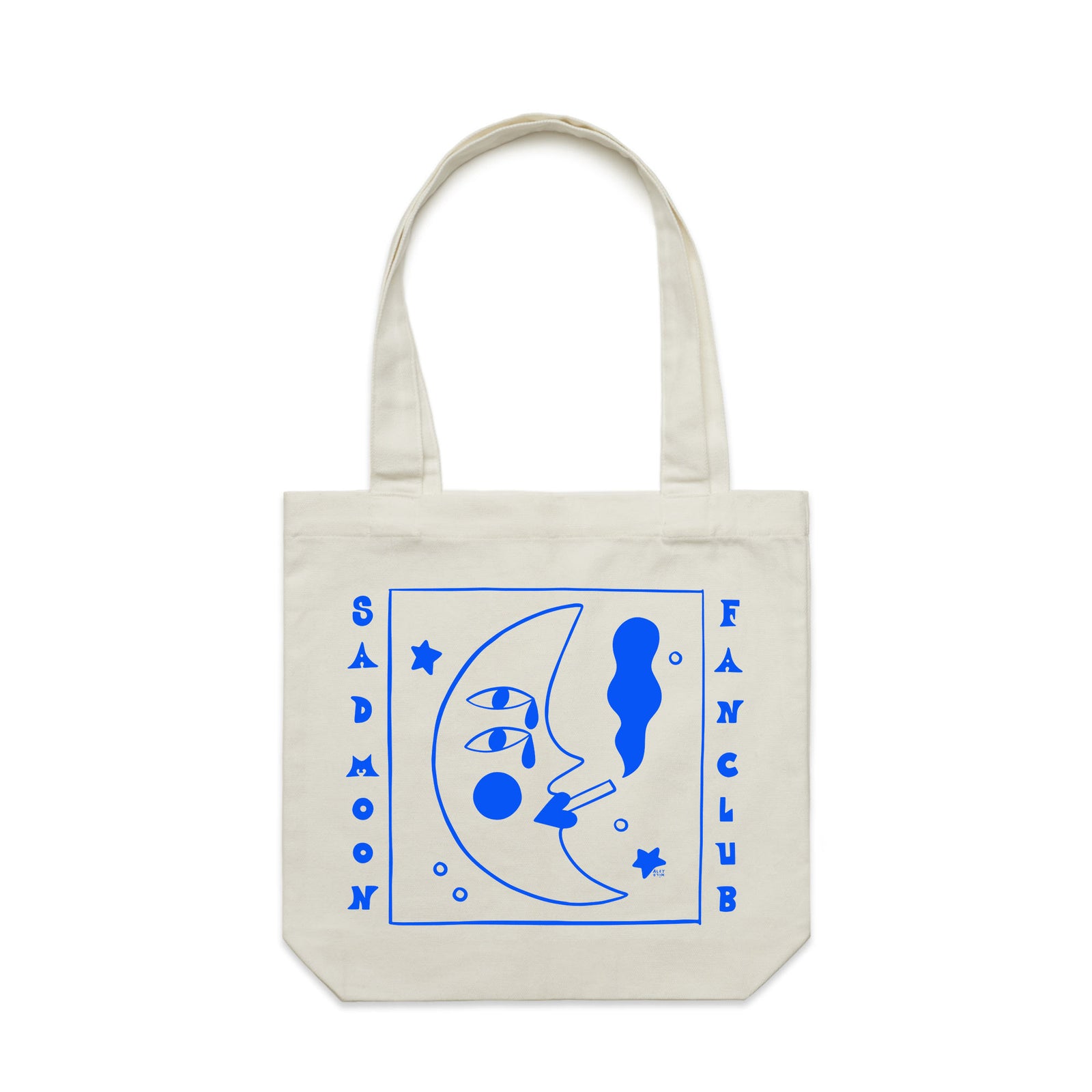 Cream carrie tote with Sad Moon Fan Club Tote graphic by Lonely Kids Club