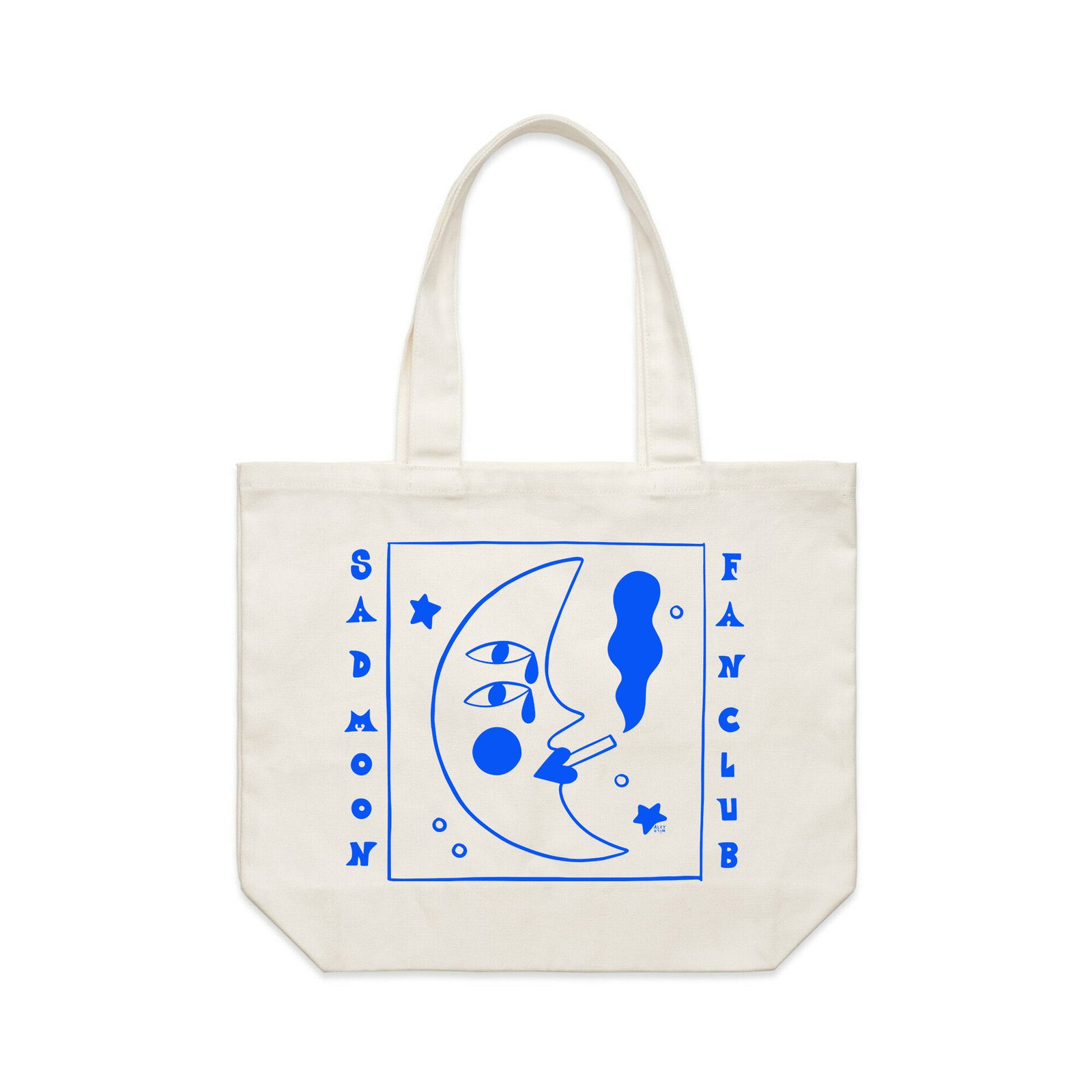 Cream shoulder tote with Sad Moon Fan Club Tote graphic by Lonely Kids Club