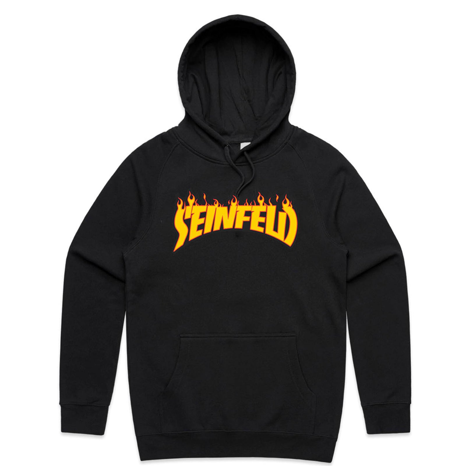 Black regular hoodie with Seinfeld Thrasher Hoodie graphic by Lonely Kids Club