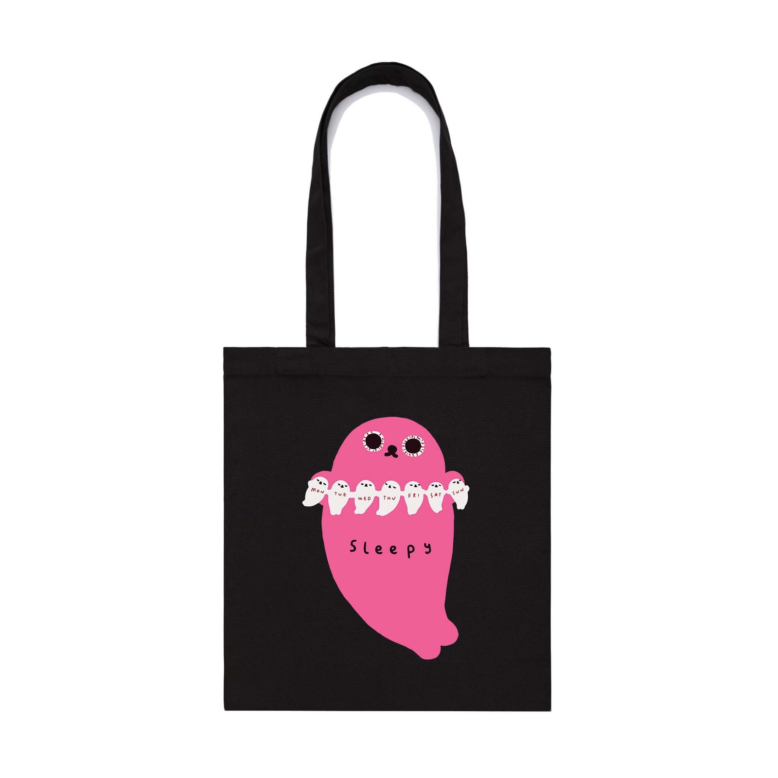 Black parcel tote with Sleepy Seal Tote graphic by Lonely Kids Club