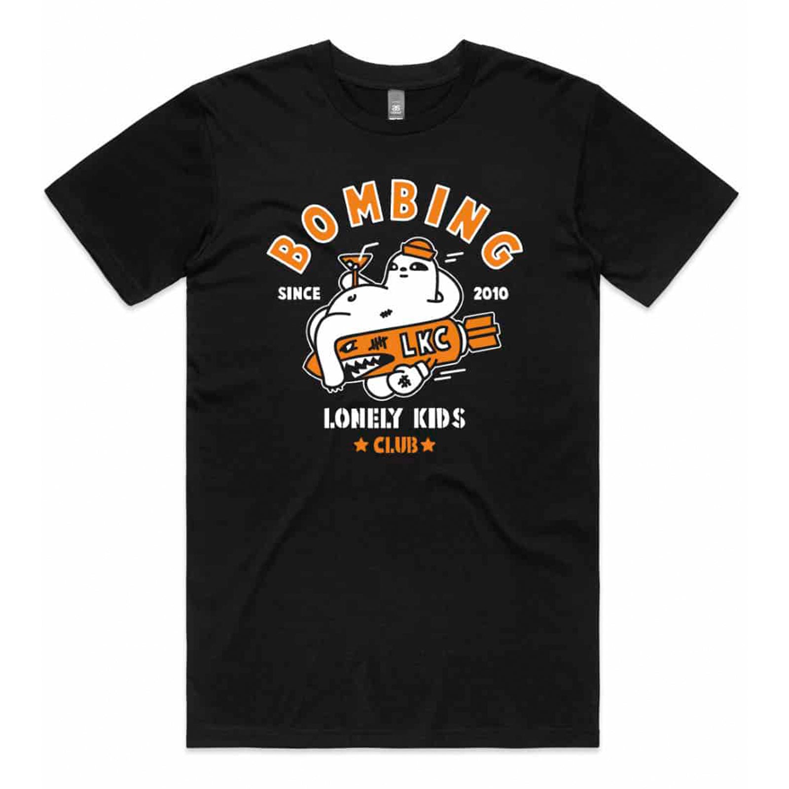 Black unisex t-shirt with Sloth Bombing graphic by Lonely Kids Club