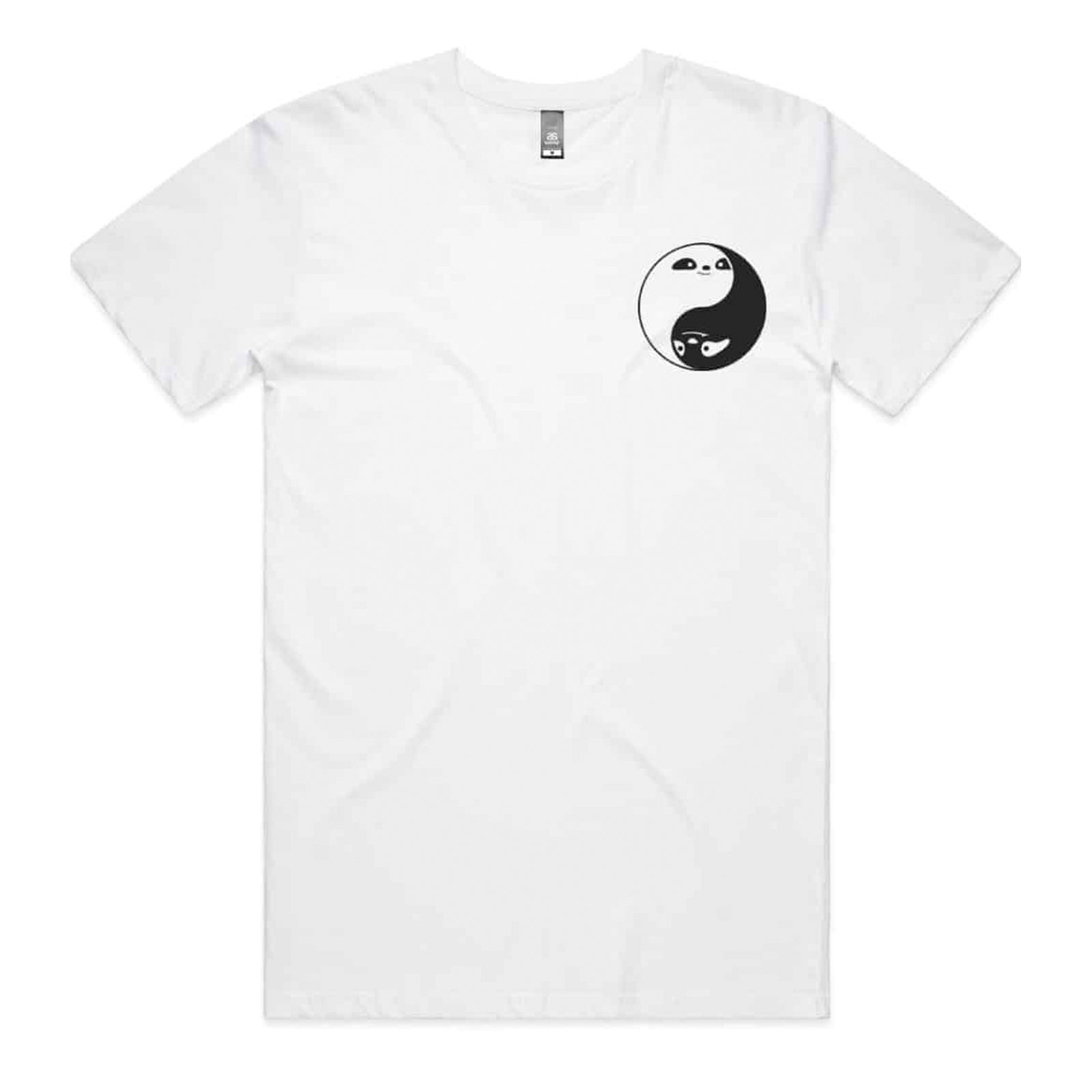 White unisex t-shirt with Sloth Yin Yang graphic by Lonely Kids Club