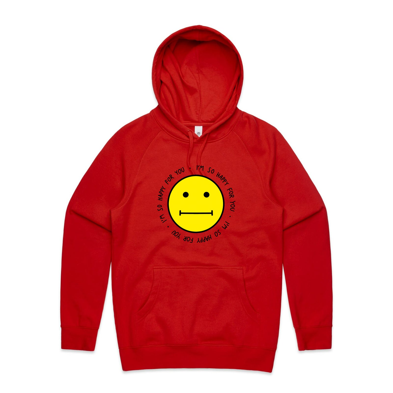 Red regular hoodie with So Happy For You Hoodie graphic by Lonely Kids Club
