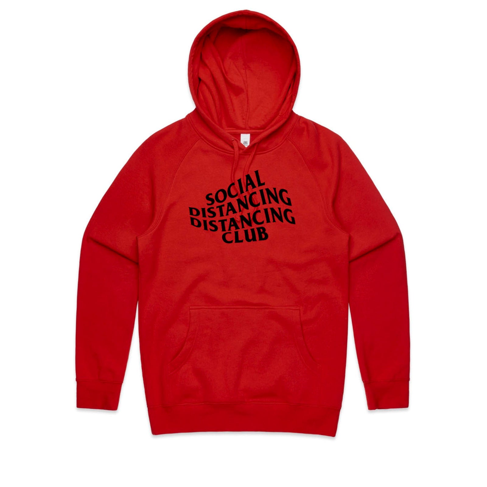 Red regular hoodie with Social Distancing Distancing Club Hoodie graphic by Lonely Kids Club