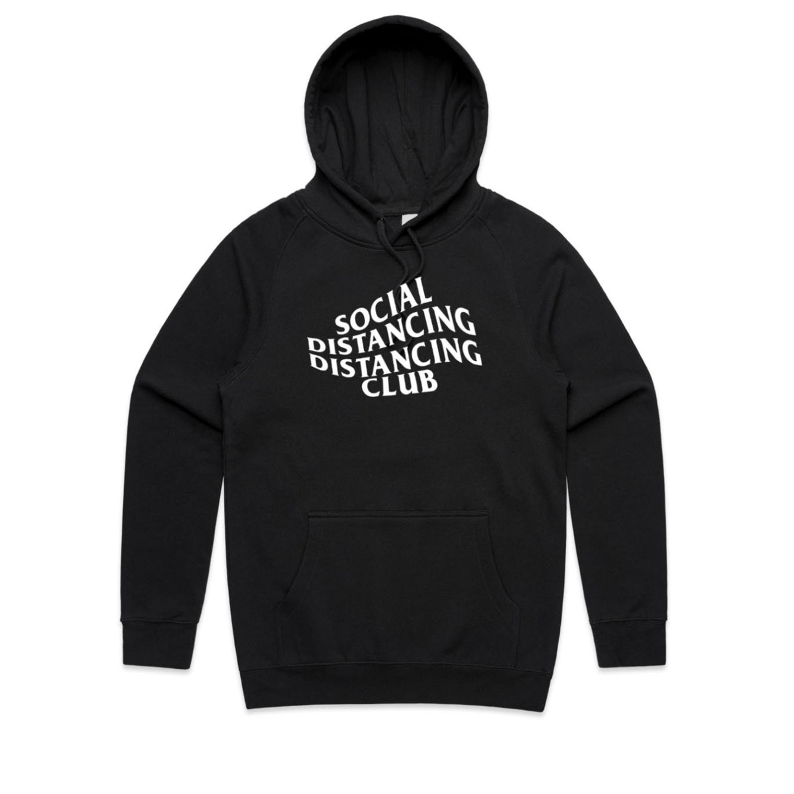 Black regular hoodie with Social Distancing Distancing Club Hoodie graphic by Lonely Kids Club