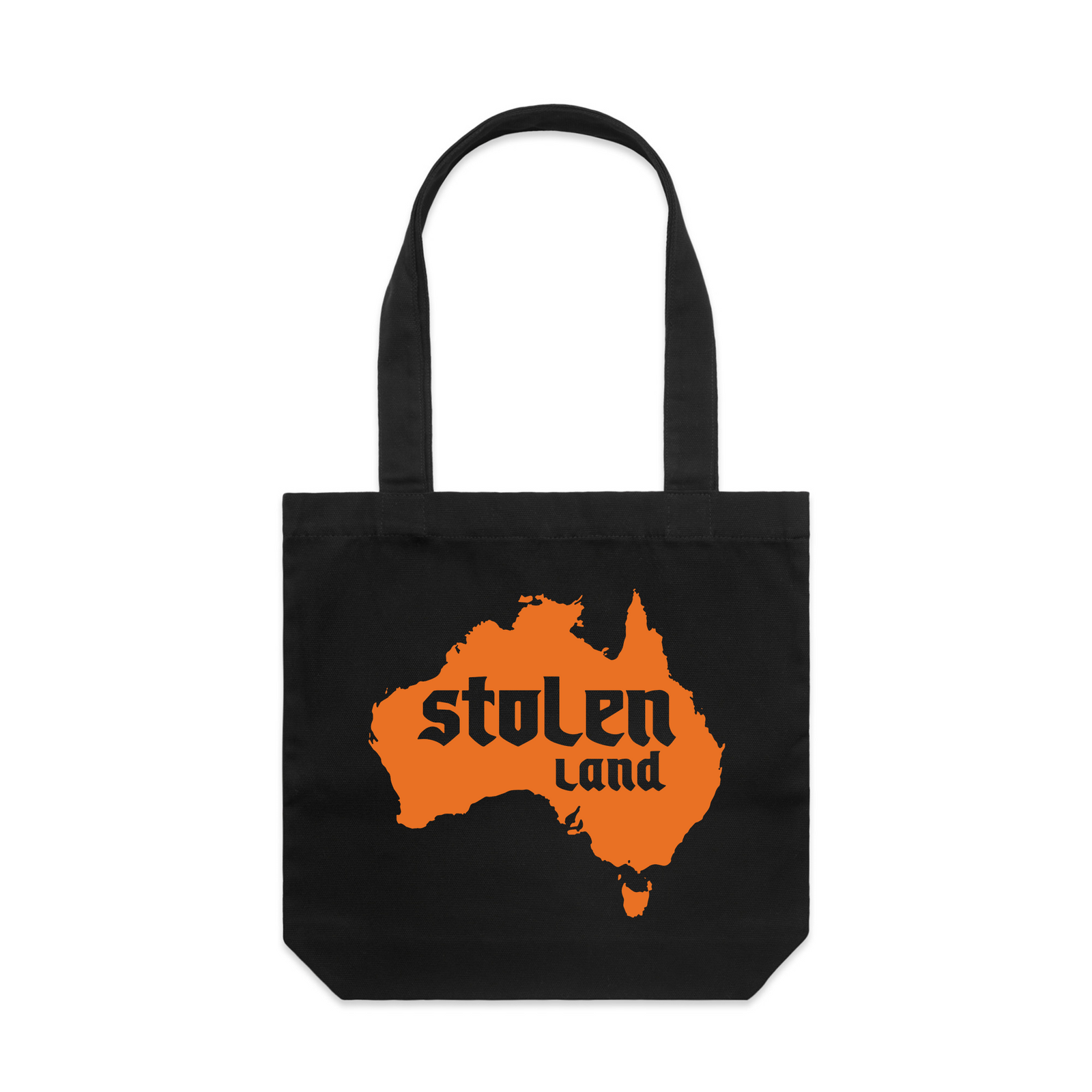 Black carrie tote with Stolen Land Tote graphic by Lonely Kids Club