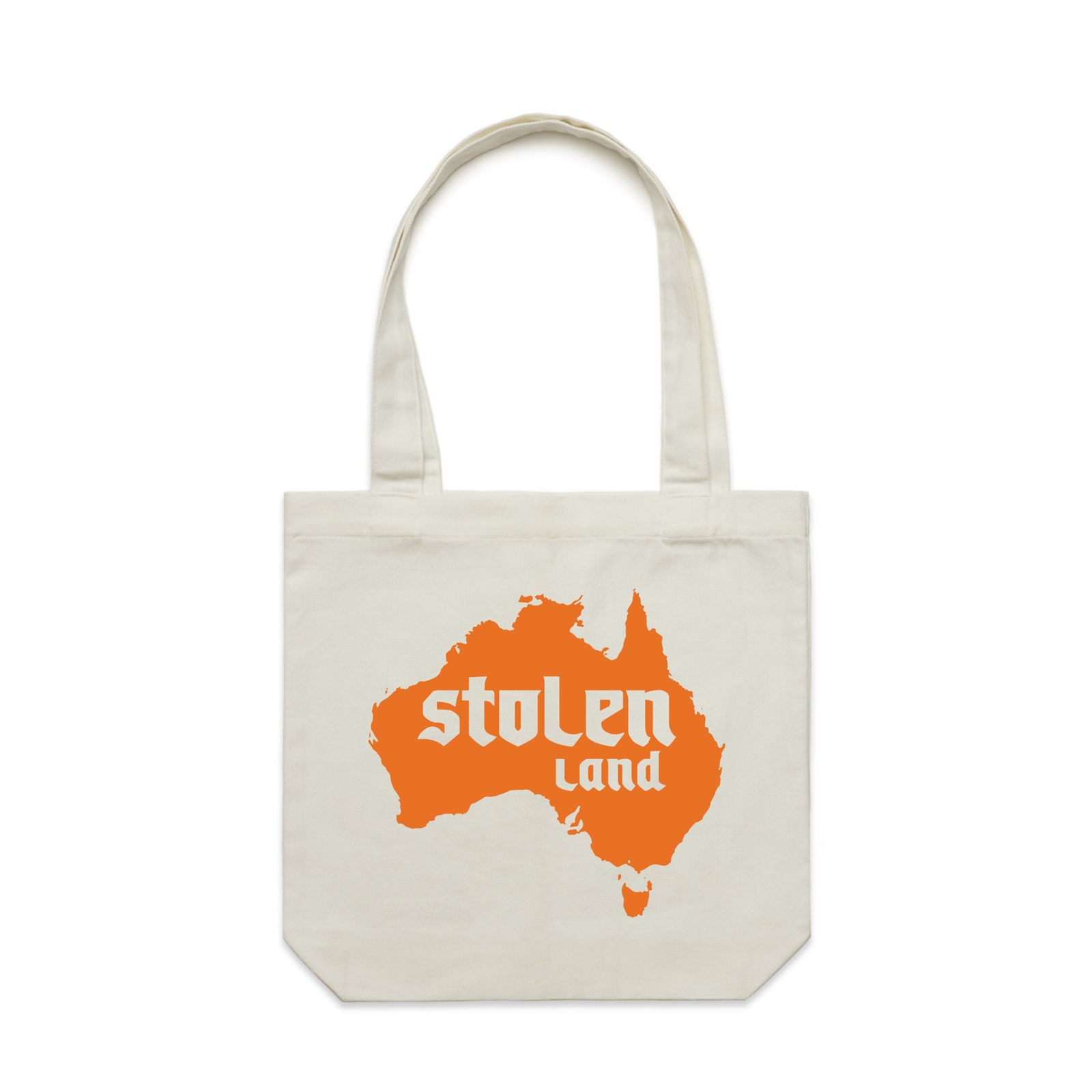 Cream carrie tote with Stolen Land Tote graphic by Lonely Kids Club