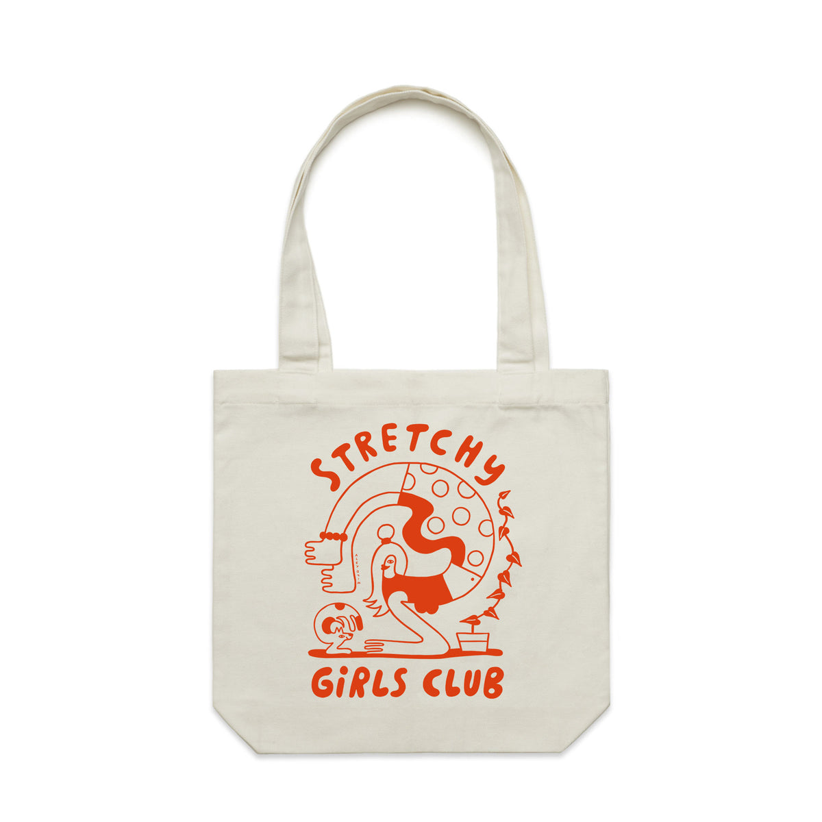Cream carrie tote with Stretchy Girls Club Tote graphic by Lonely Kids Club