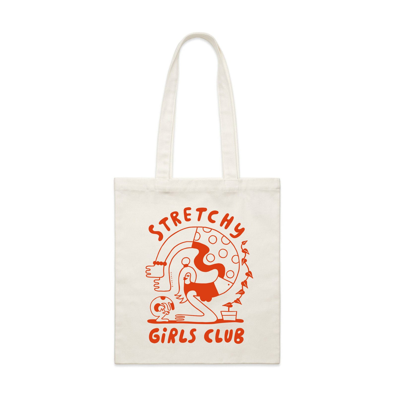 Cream parcel tote with Stretchy Girls Club Tote graphic by Lonely Kids Club