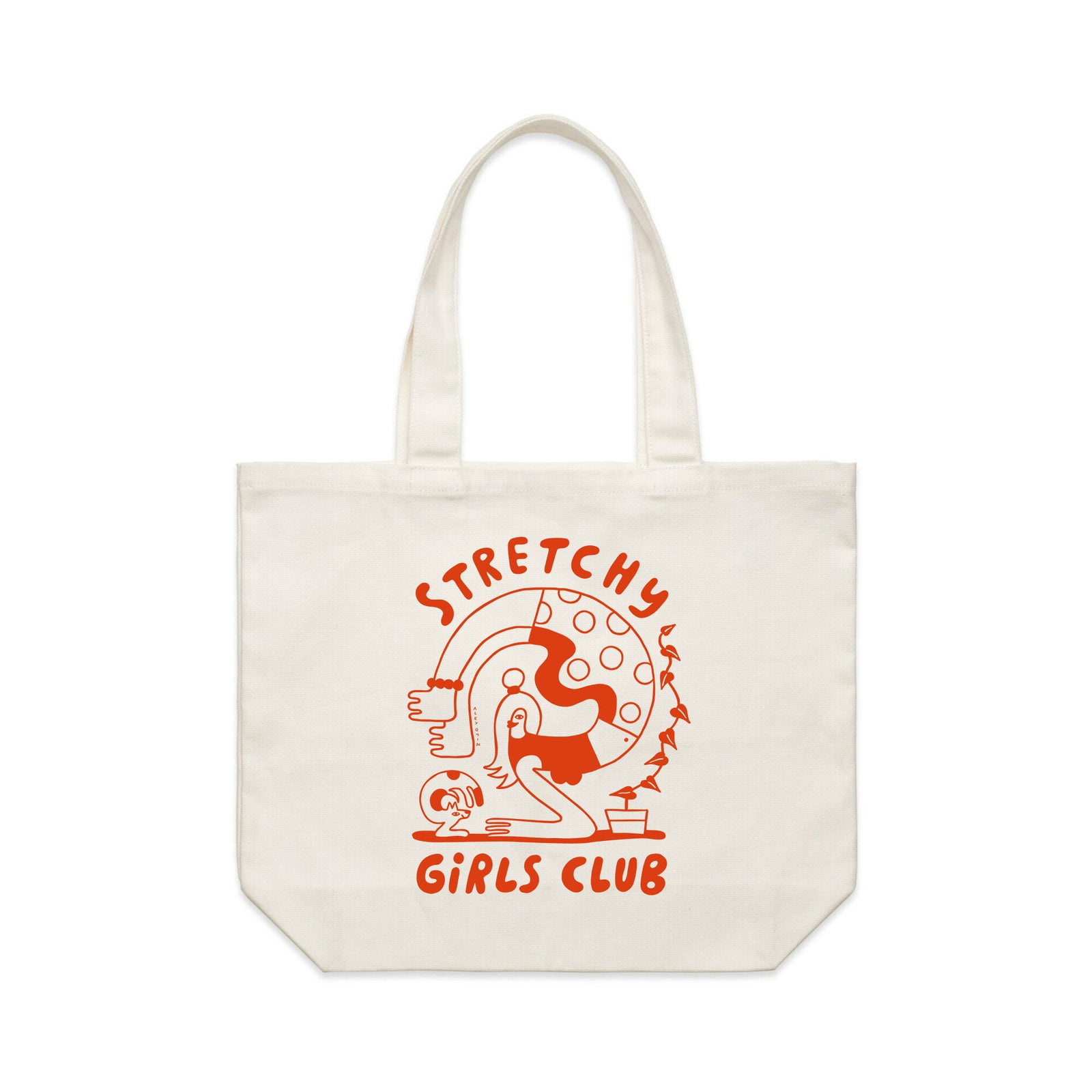 Cream shoulder tote with Stretchy Girls Club Tote graphic by Lonely Kids Club