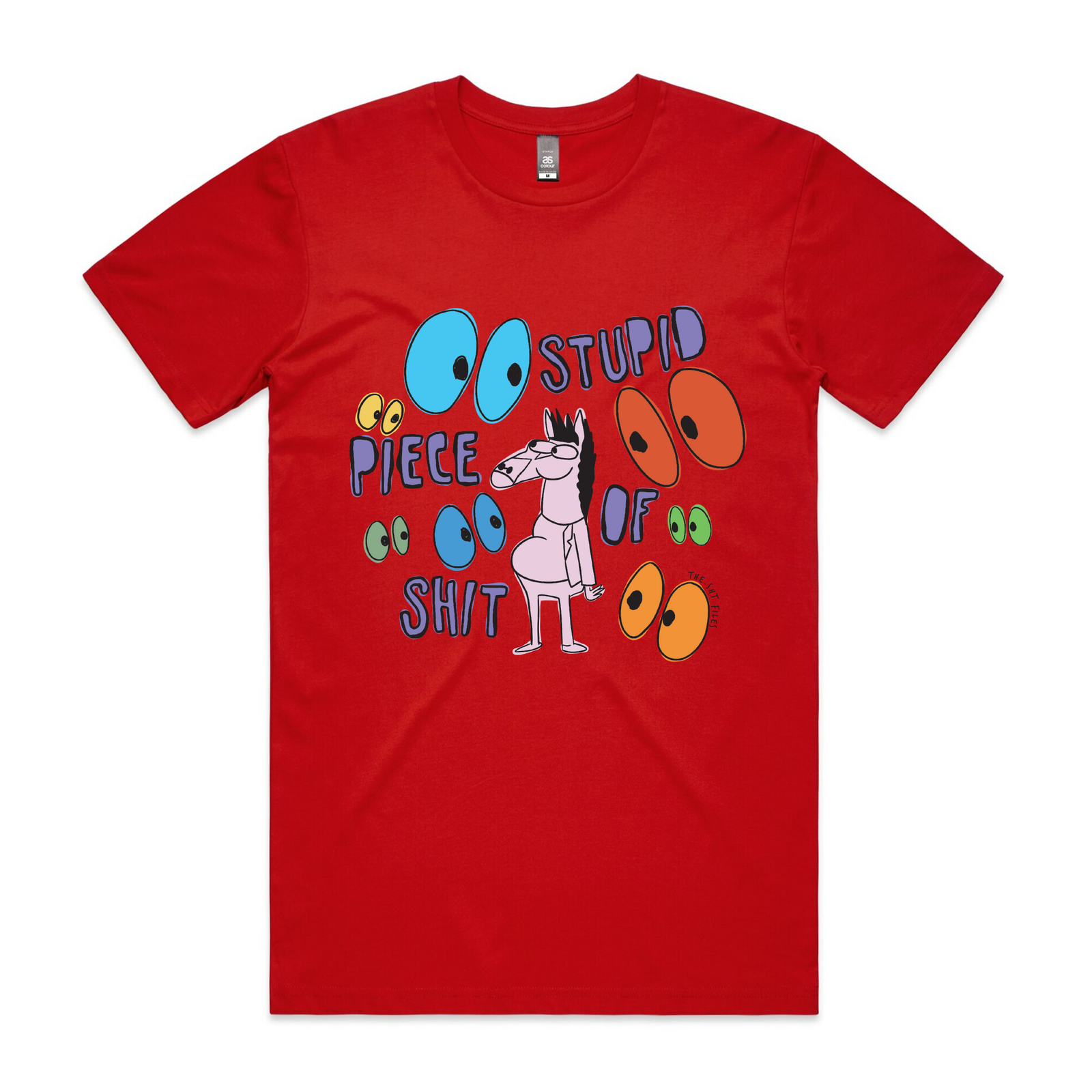 Red unisex t-shirt with a cartoon horse in sunglasses with 'Stupid Piece of Shit' text by Lonely Kids Club