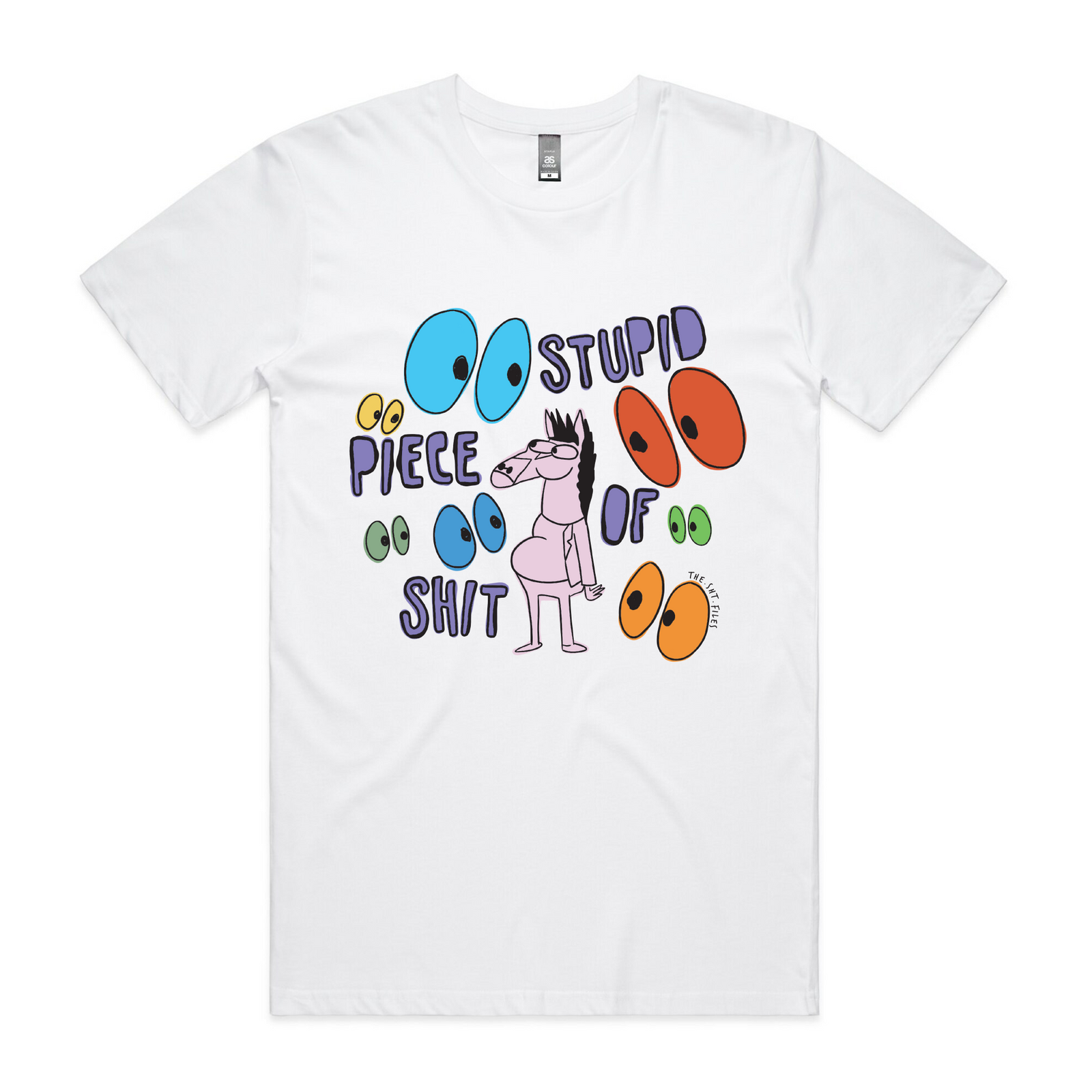 White unisex t-shirt with a cartoon horse in sunglasses with 'Stupid Piece of Shit' text by Lonely Kids Club