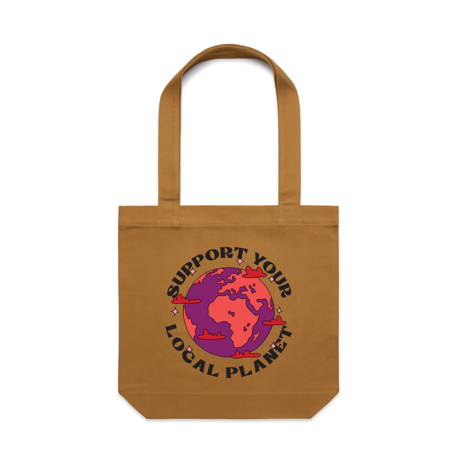 Camel carrie tote with Support Your Local Planet Tote graphic by Lonely Kids Club