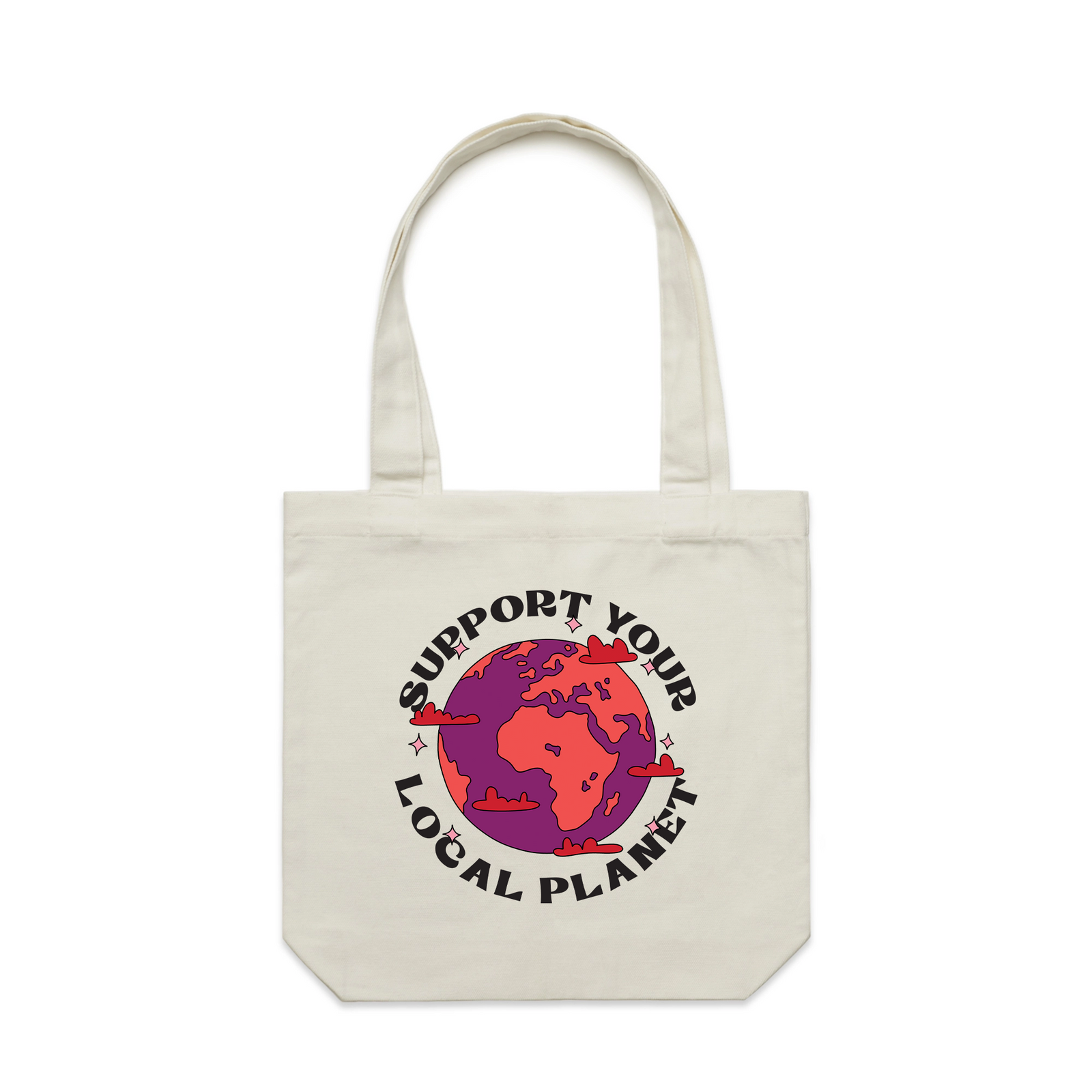 Cream carrie tote with Support Your Local Planet Tote graphic by Lonely Kids Club