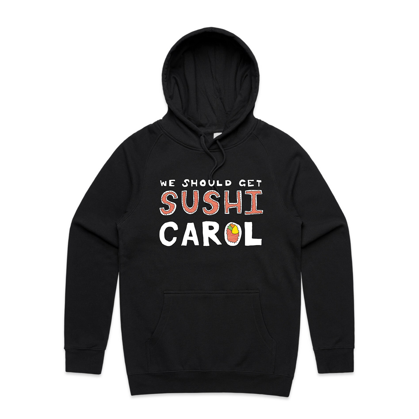 Black regular hoodie with Sushi Carol Hoodie graphic by Lonely Kids Club