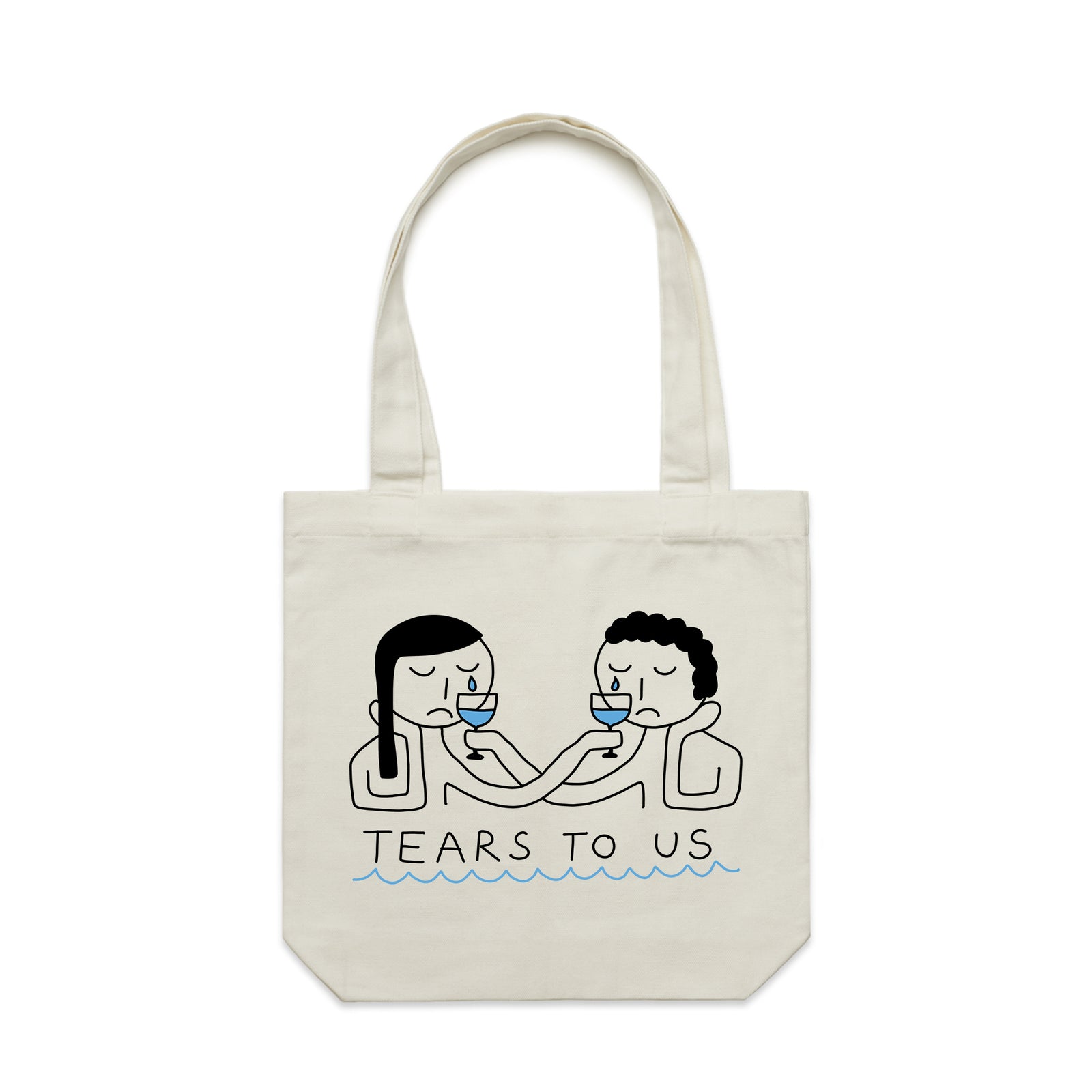 Cream carrie tote with Tears To Us Tote graphic by Lonely Kids Club