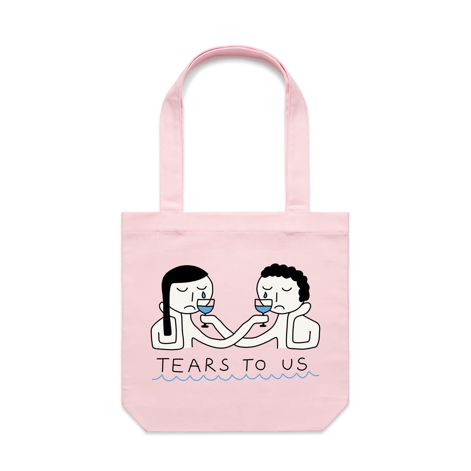 Pink carrie tote with Tears To Us Tote graphic by Lonely Kids Club