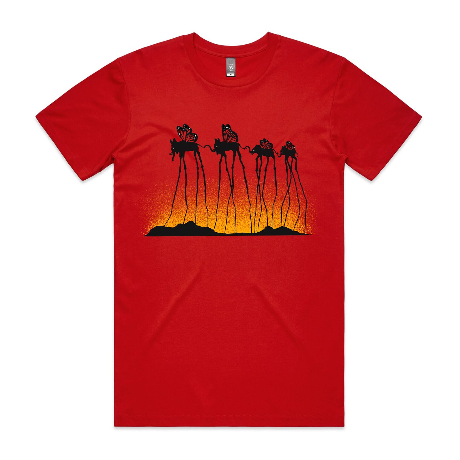Red unisex t-shirt with The Elephant Family graphic by Lonely Kids Club