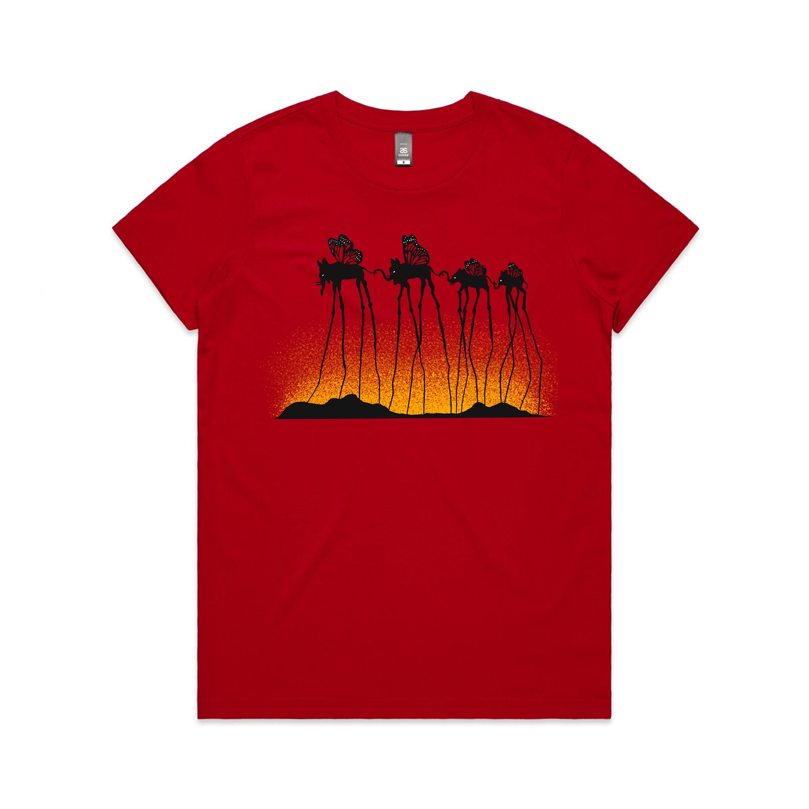 Red fitted womens t-shirt with The Elephant Family graphic by Lonely Kids Club