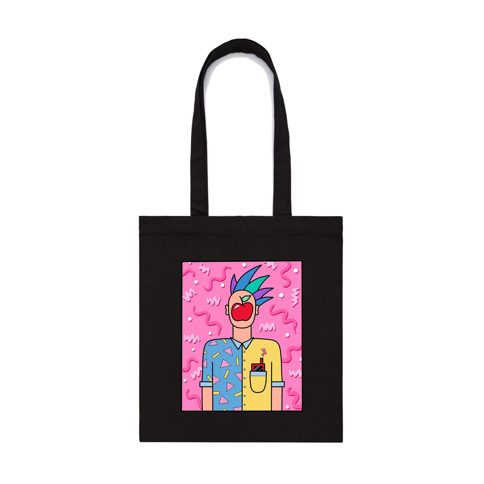 Black parcel tote with The Fun Of Man Tote graphic by Lonely Kids Club