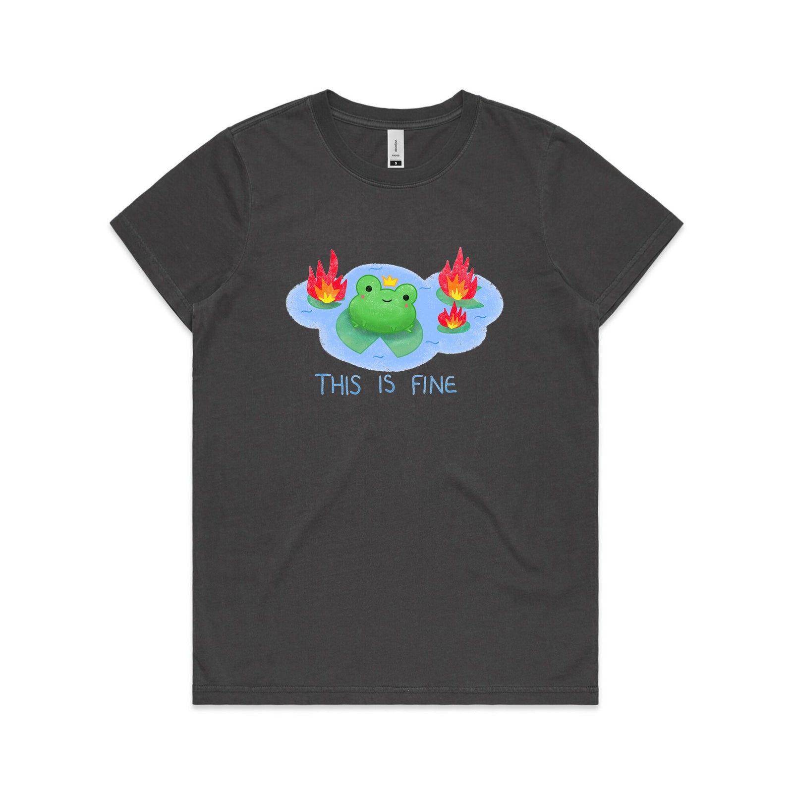 Faded Black fitted womens t-shirt with This Is Fine Frog graphic by Lonely Kids Club