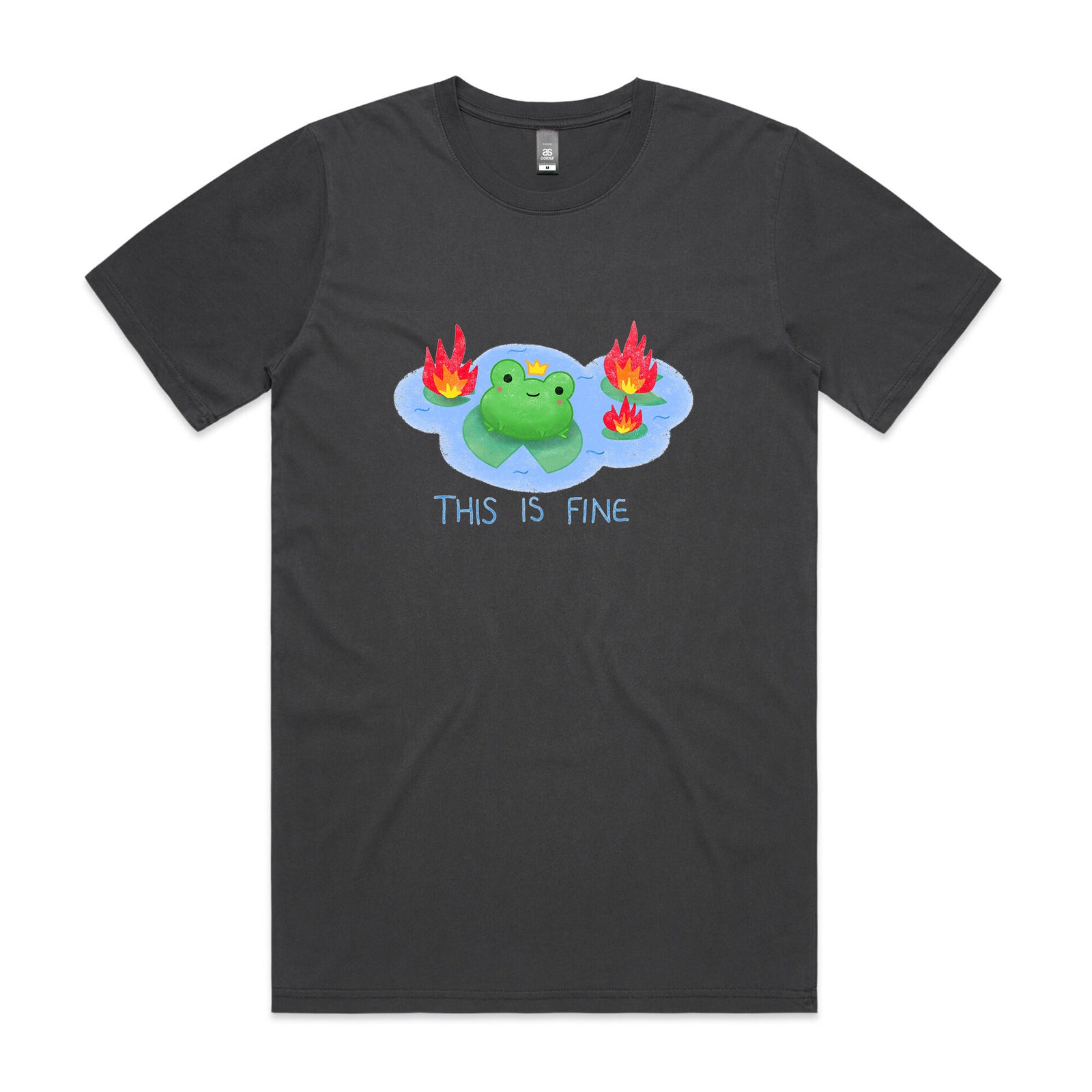 Faded Black unisex t-shirt with This Is Fine Frog graphic by Lonely Kids Club