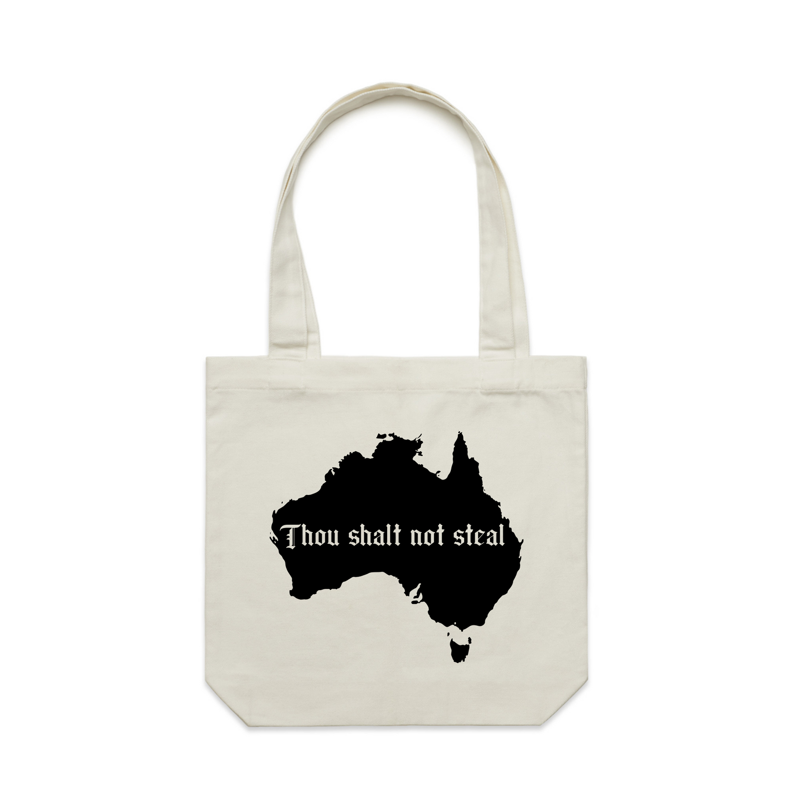 Cream carrie tote with Thou Shalt Not Steal Tote graphic by Lonely Kids Club