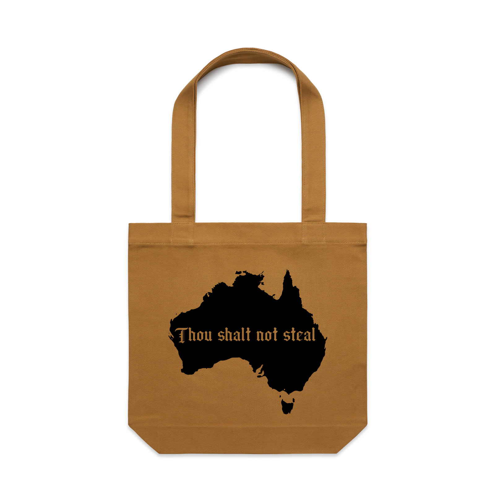 Camel carrie tote with Thou Shalt Not Steal Tote graphic by Lonely Kids Club
