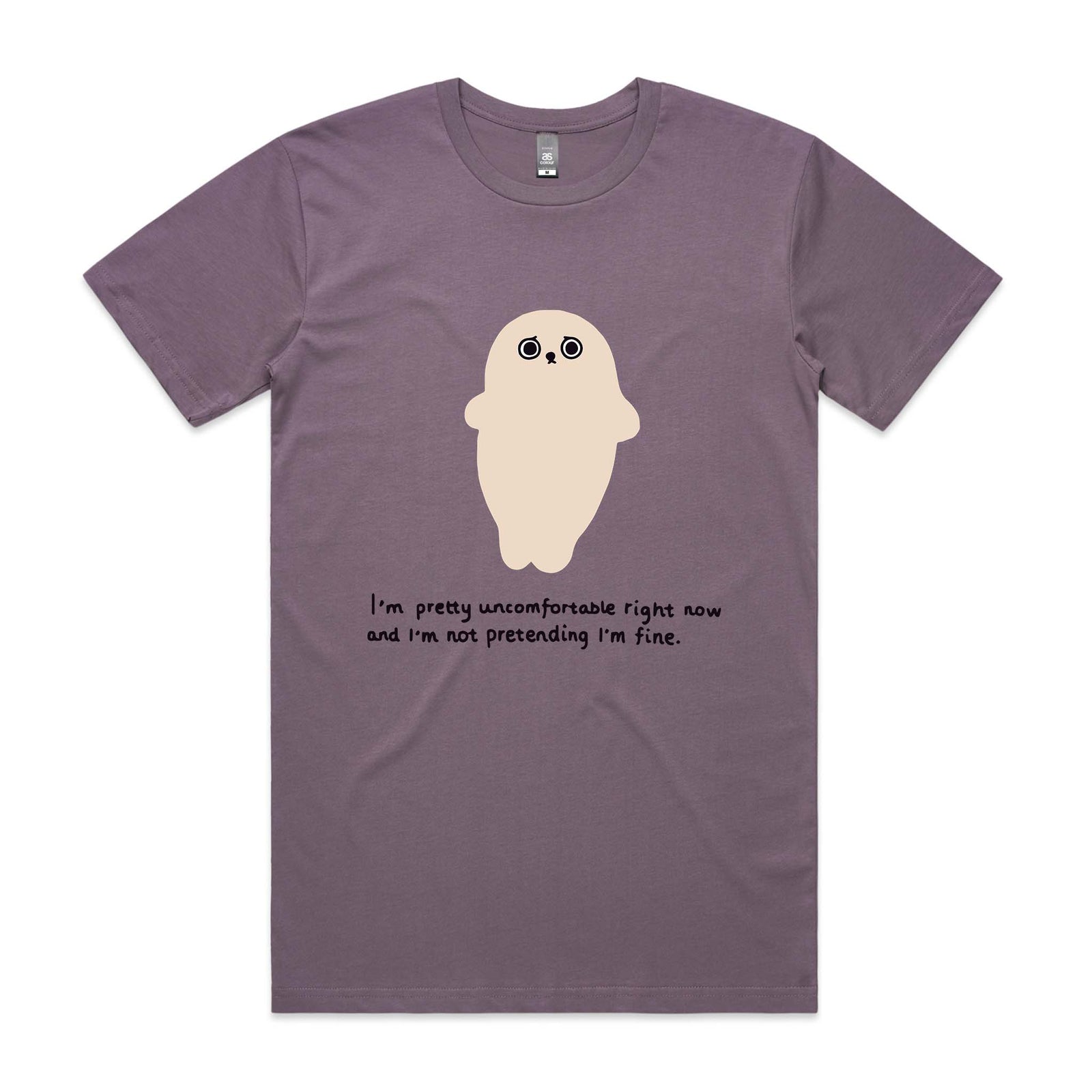 Mauve unisex t-shirt with Uncomfortable Seal graphic by Lonely Kids Club