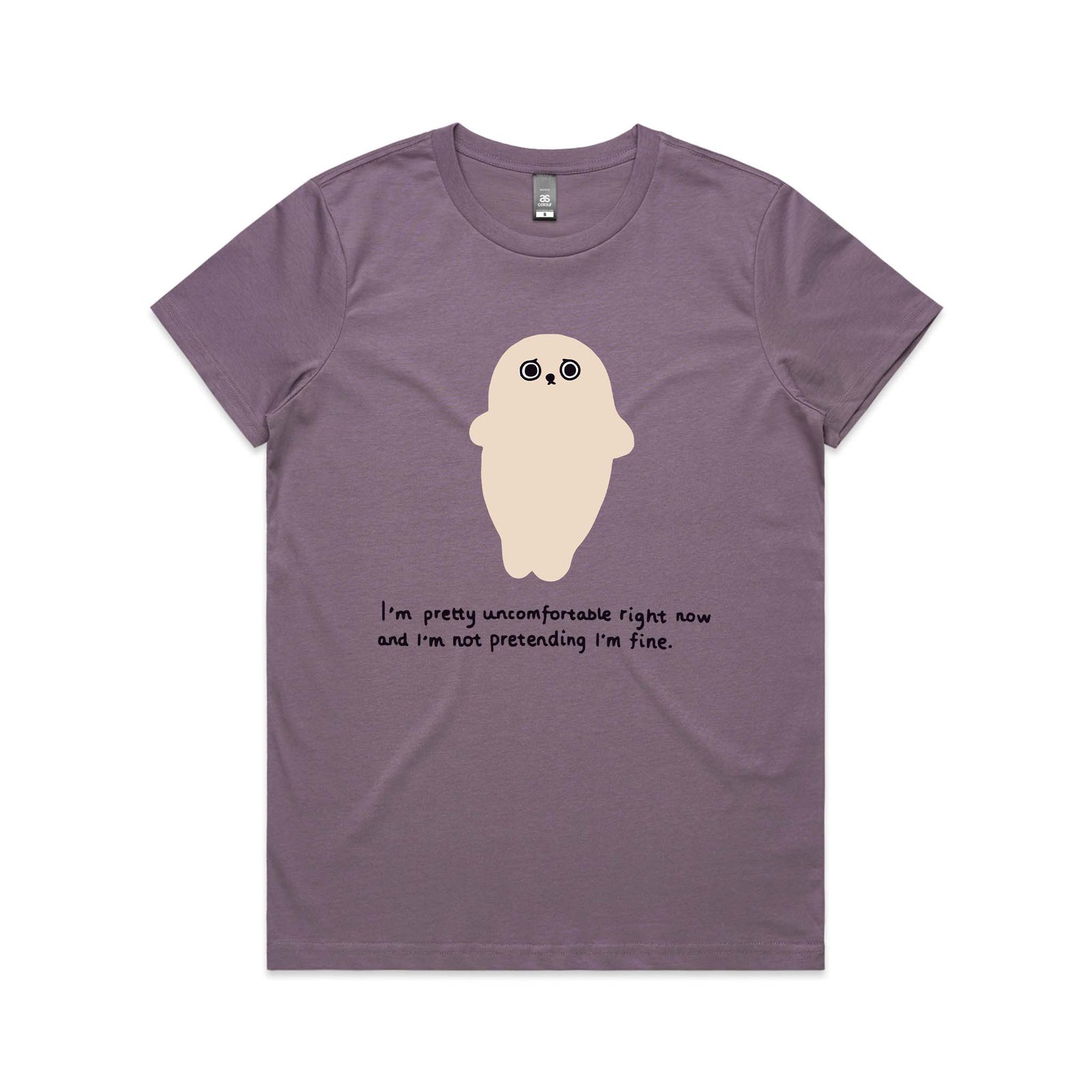 Mauve fitted womens t-shirt with Uncomfortable Seal graphic by Lonely Kids Club
